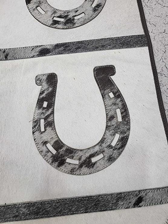 MOUSM Real Cow Hide Leather Table Runner - 72x12 Inches, Embroidered Rustic Farmhouse Table Centerpiece with Horse Shoe Cutout & Leather Black Fringe for Table Décor Wedding Dinner Party