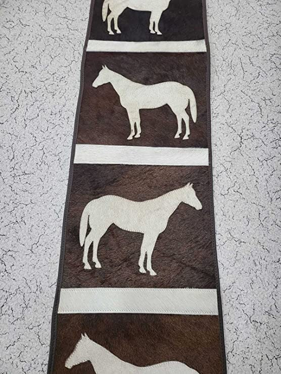 MOUSM Real Cow Hide Leather Table Runner - 72x12 inches, Rustic Farmhouse Table Centerpiece with Embroidered Horse Cutout Print and Brown Leather Fringes