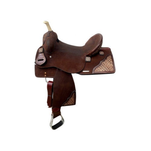 MOUSM Western Saddle for Horses – Handcrafted Leather Single Barrel Saddle Built on a Rawhide-Covered Fiber Tree with Fancy Conchos, Seat Size: 13"–17" Inches
