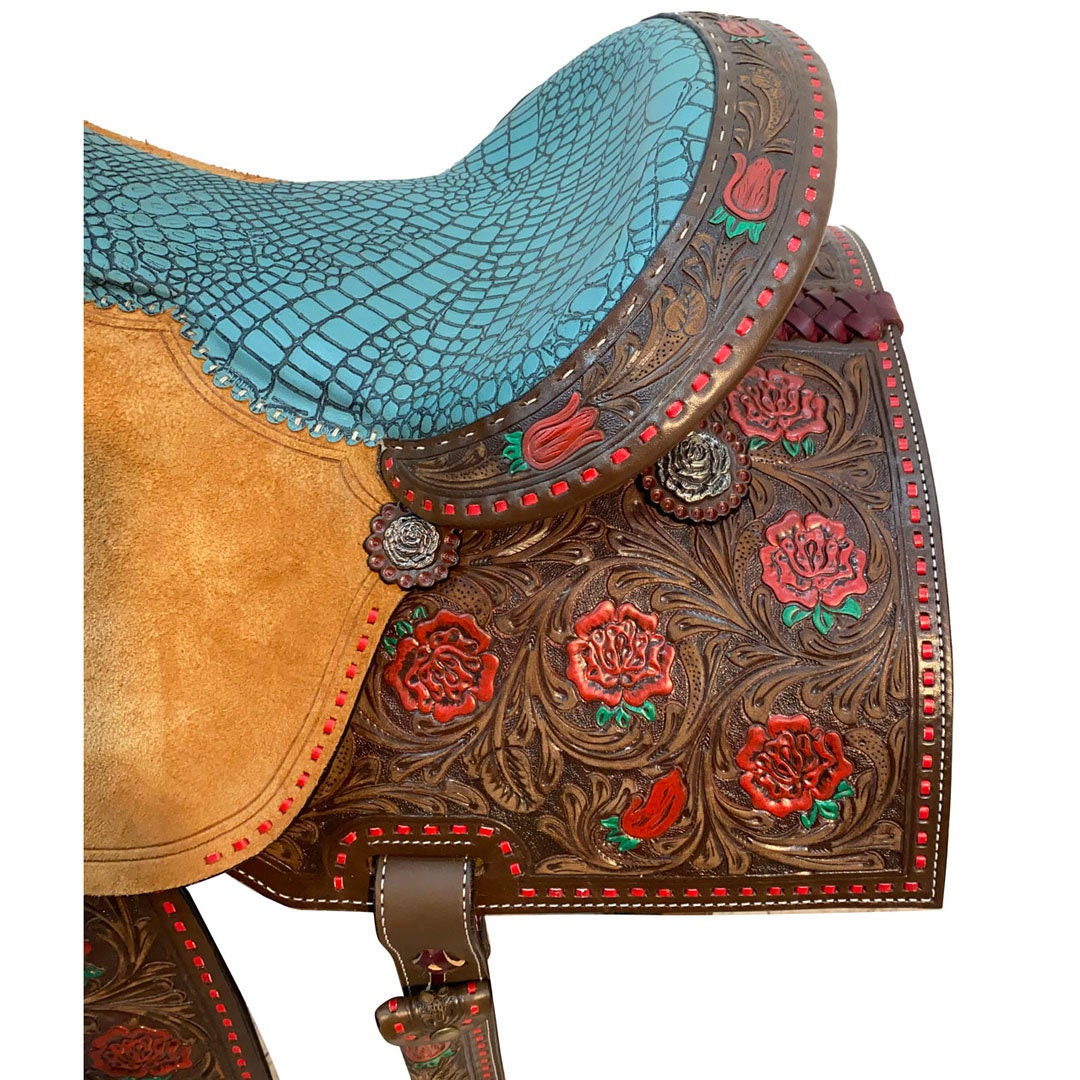 MOUSM Western Saddle - Handcrafted Barrel Saddle with Hand-Tooled Rose and Leaves Built on a Rawhide Covered Fiber Tree, Fancy Concho, Seat Size: 13"-17" Inches