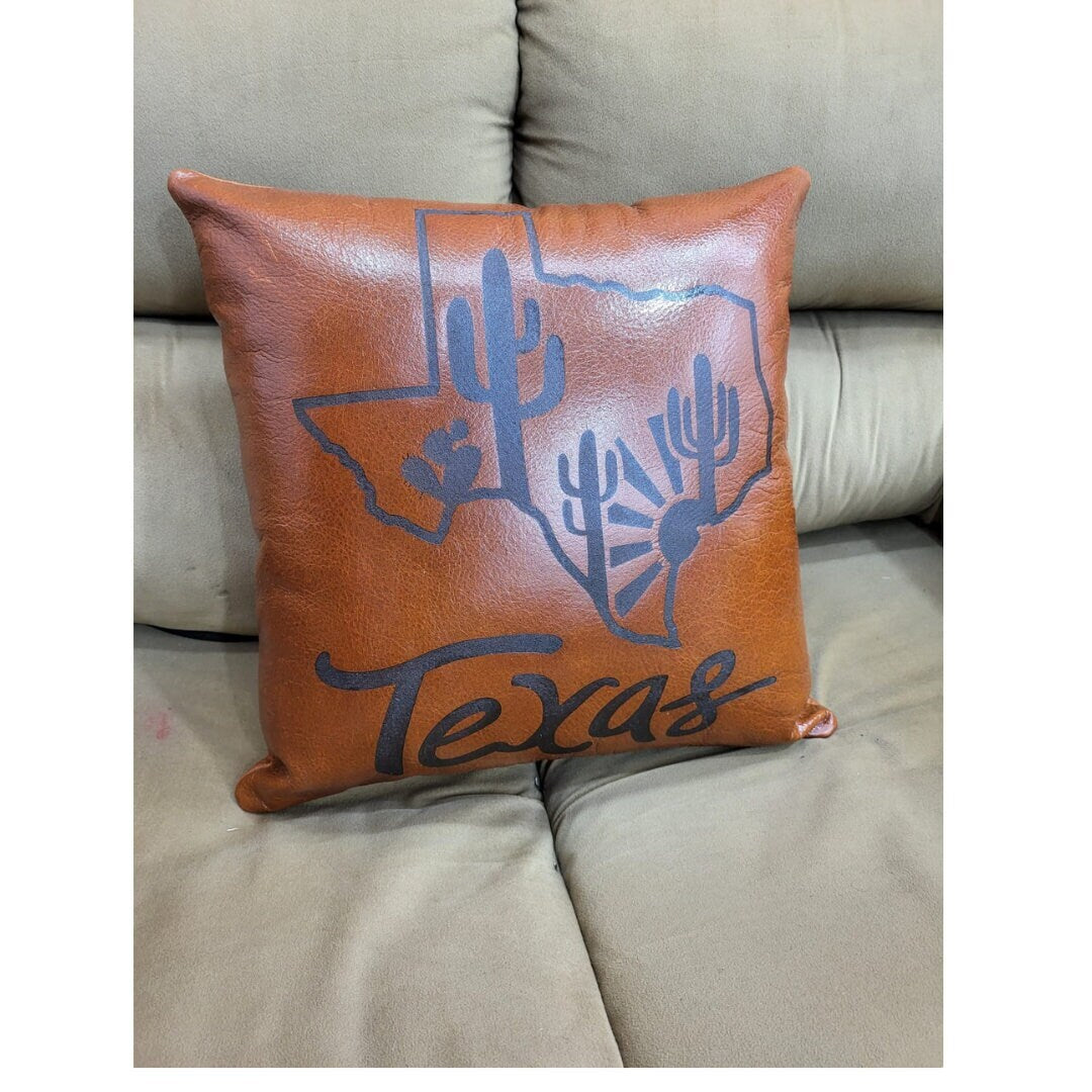 MOUSM Custom Genuine Leather Cushion Cover – 18x18 Inches Brown Leather Pillow Cover with Hand-Painted Texas Text with Map – Designer Throw Pillow Case for Sofa, Couch, Living Room & Bedroom
