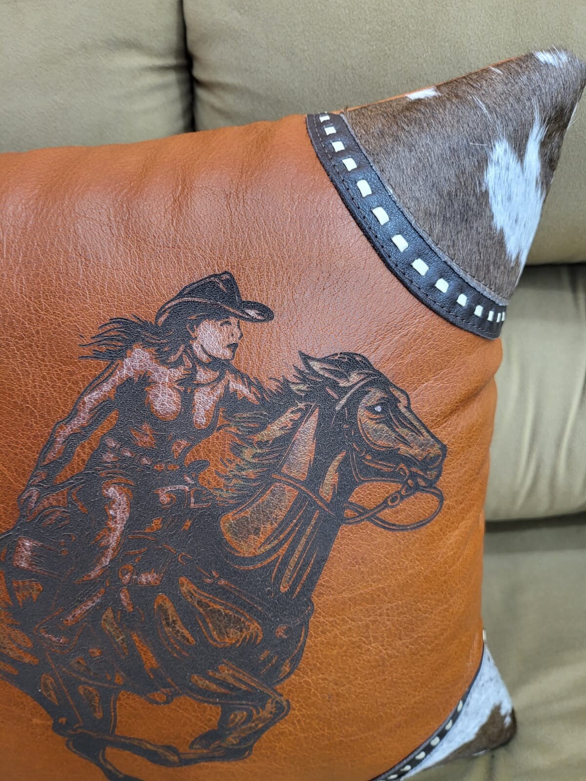Mosum Genuine Leather Decorative Cushion Cover Handmade Square Shape Cushion Cover Hand Painted Rider on Running Horse 18"x18" Cushion Cover