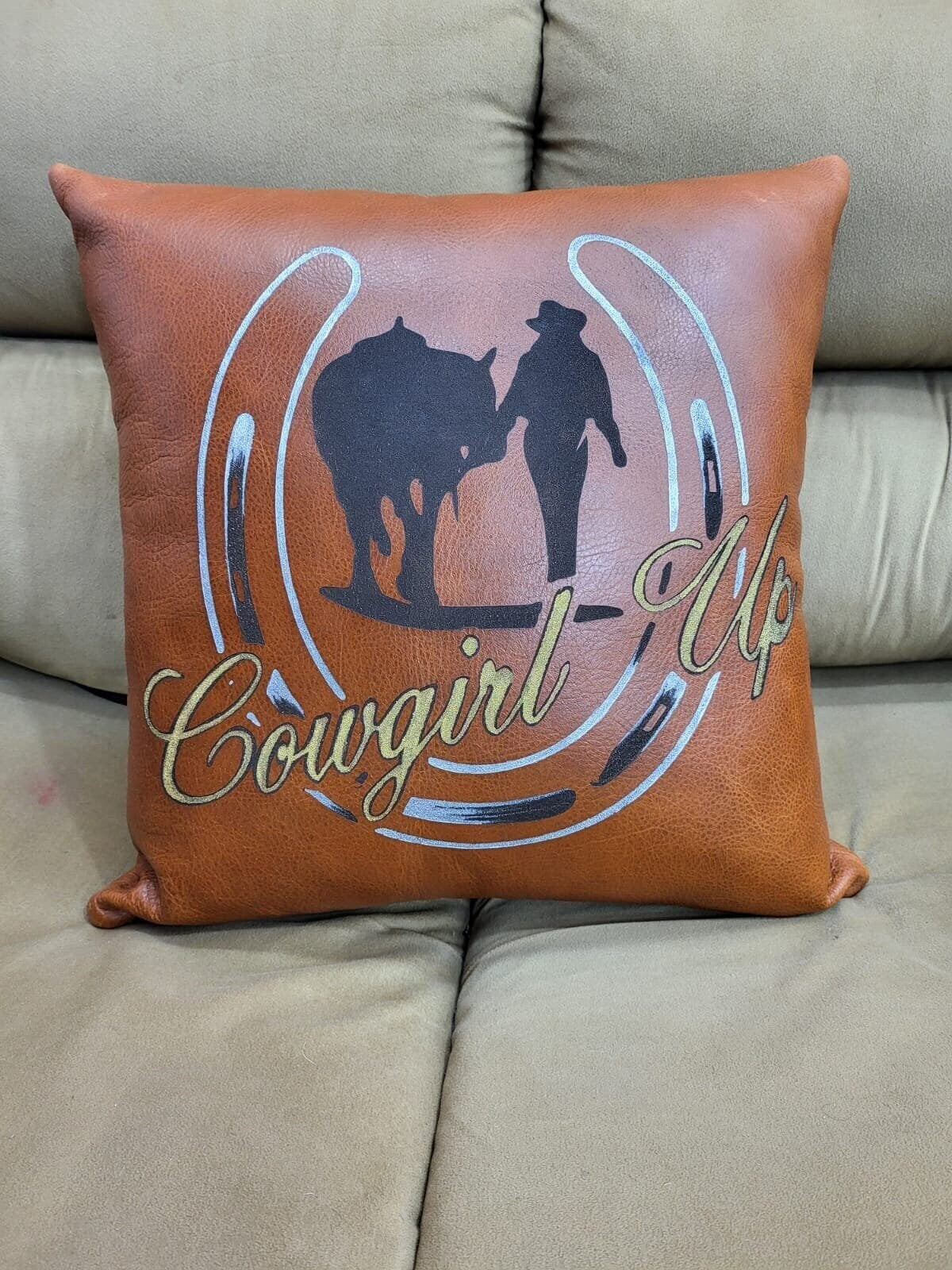 Mosum Genuine Leather Decorative Cushion Cover Handmade Square Shape Cushion Cover Hand Painted Cowgirl & Horse Shoe 18" x 18" Cushion Cover