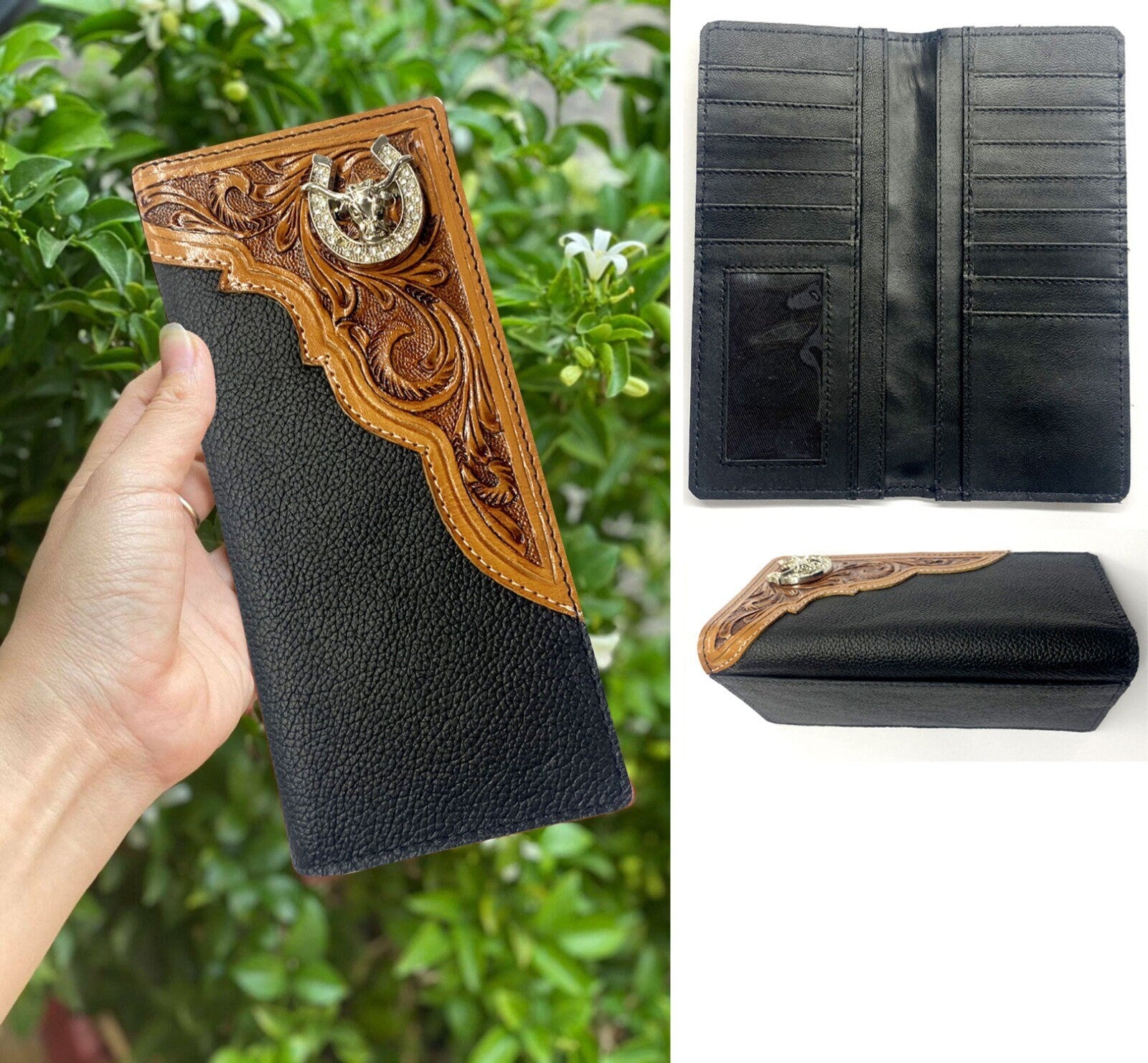 MOUSM Genuine Western Leather Wallet for Men Long Bifold Rodeo Cowboy Wallet with 8 Credit Card & 2 Cash Slots