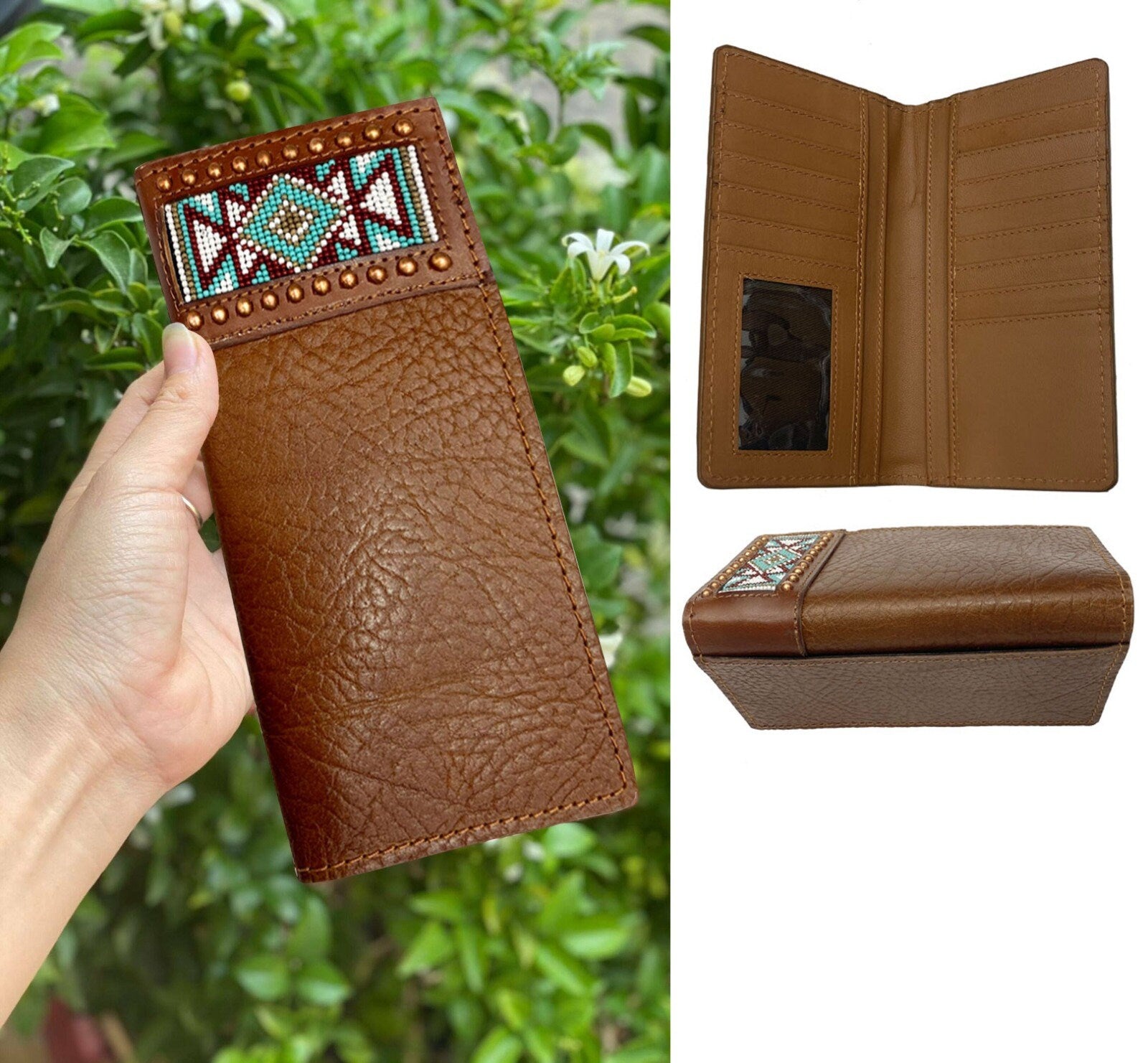 MOUSM Genuine Western Leather Wallet for Men Long Bifold Rodeo Cowboy Wallet with 8 Credit Card & 2 Cash Slots