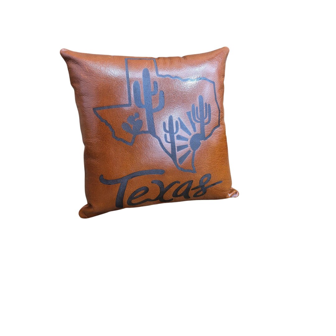 MOUSM Custom Genuine Leather Cushion Cover – 18x18 Inches Brown Leather Pillow Cover with Hand-Painted Texas Text with Map – Designer Throw Pillow Case for Sofa, Couch, Living Room & Bedroom