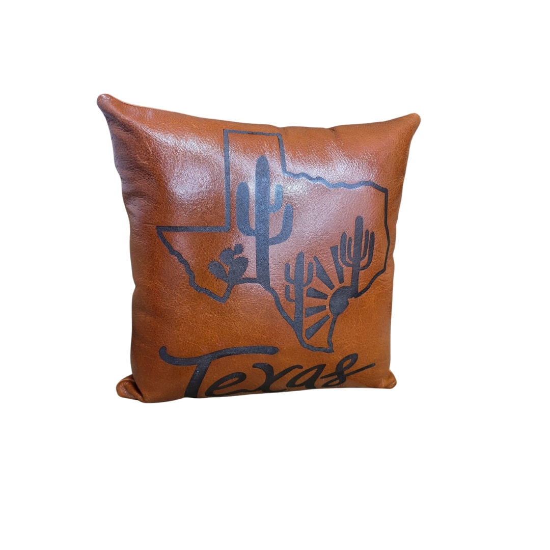 MOUSM Custom Genuine Leather Cushion Cover – 18x18 Inches Brown Leather Pillow Cover with Hand-Painted Texas Text with Map – Designer Throw Pillow Case for Sofa, Couch, Living Room & Bedroom