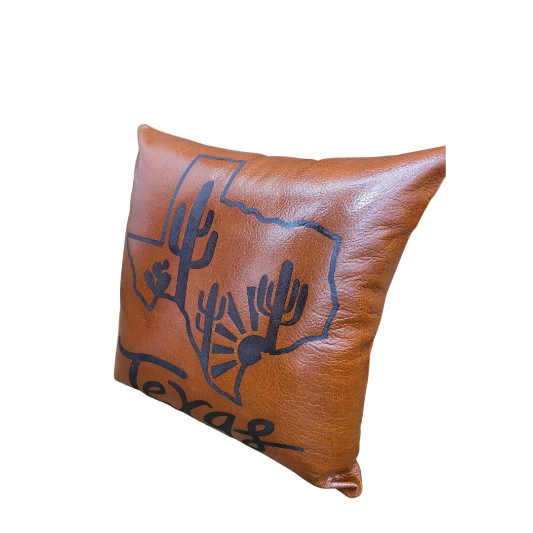 MOUSM Custom Genuine Leather Cushion Cover – 18x18 Inches Brown Leather Pillow Cover with Hand-Painted Texas Text with Map – Designer Throw Pillow Case for Sofa, Couch, Living Room & Bedroom