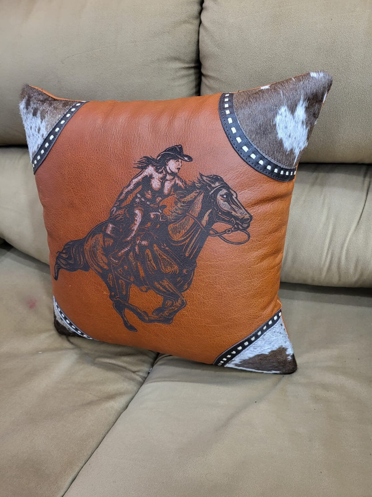 Mosum Genuine Leather Decorative Cushion Cover Handmade Square Shape Cushion Cover Hand Painted Rider on Running Horse 18"x18" Cushion Cover