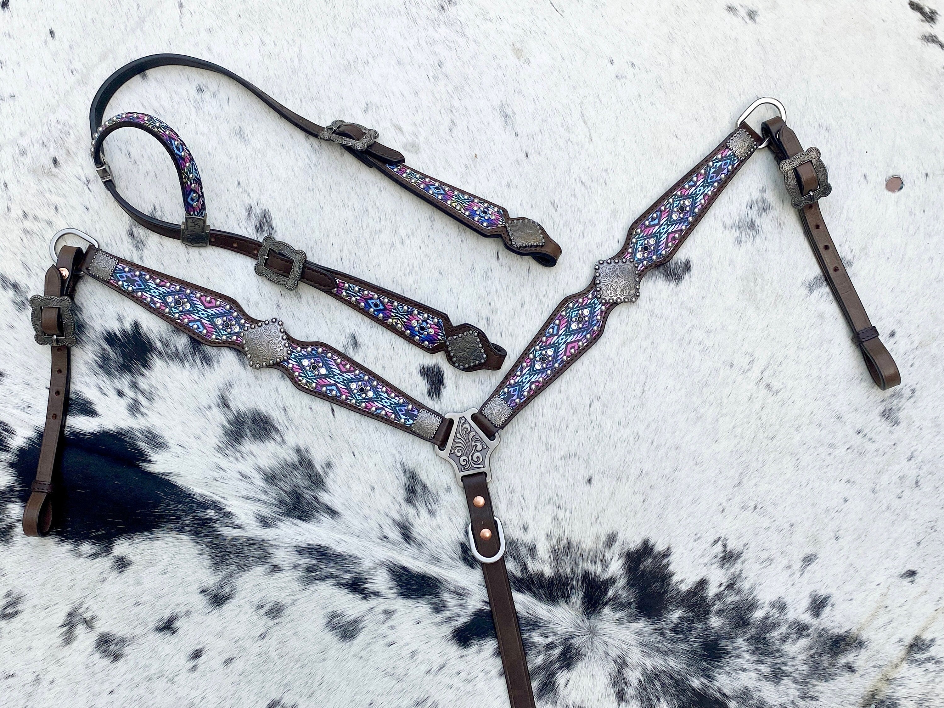 MOUSM Argentina Cow Leather Headstall and Breast Collar Set – Western Horse Tack with Rainbow Aztec Print With Decorative Conchos