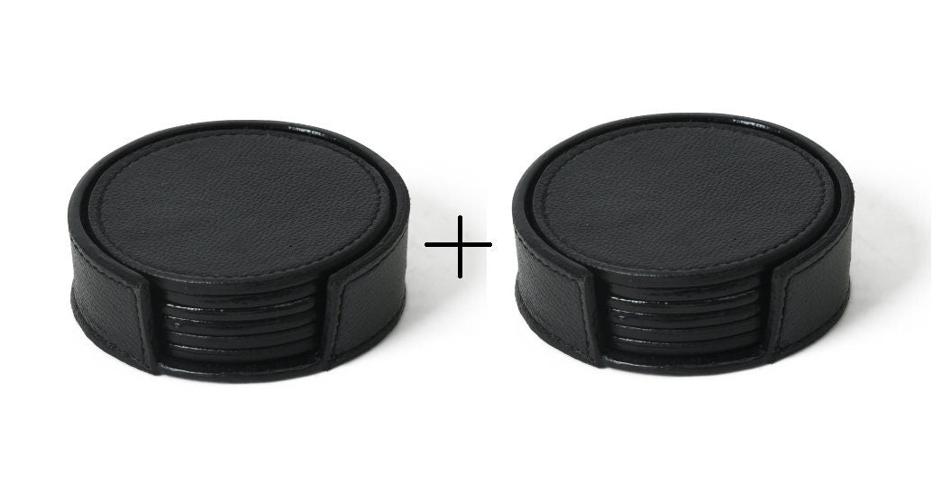 MOUSM Genuine Leather Coaster Set with Holder, Black Coaster, Barware Gift, Gift for Him, Party Drink Mats Housewarming Gifts, Drinking Mats