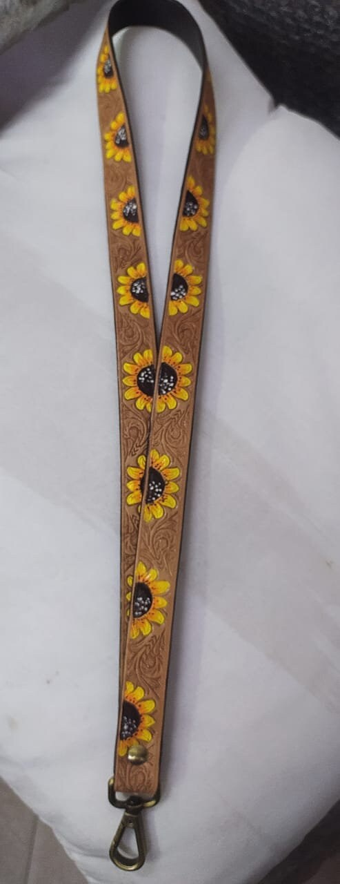 MOUSM Genuine Leather Lanyard, Handmade Neck Lanyards for badge holder, Sunflower Lanyard