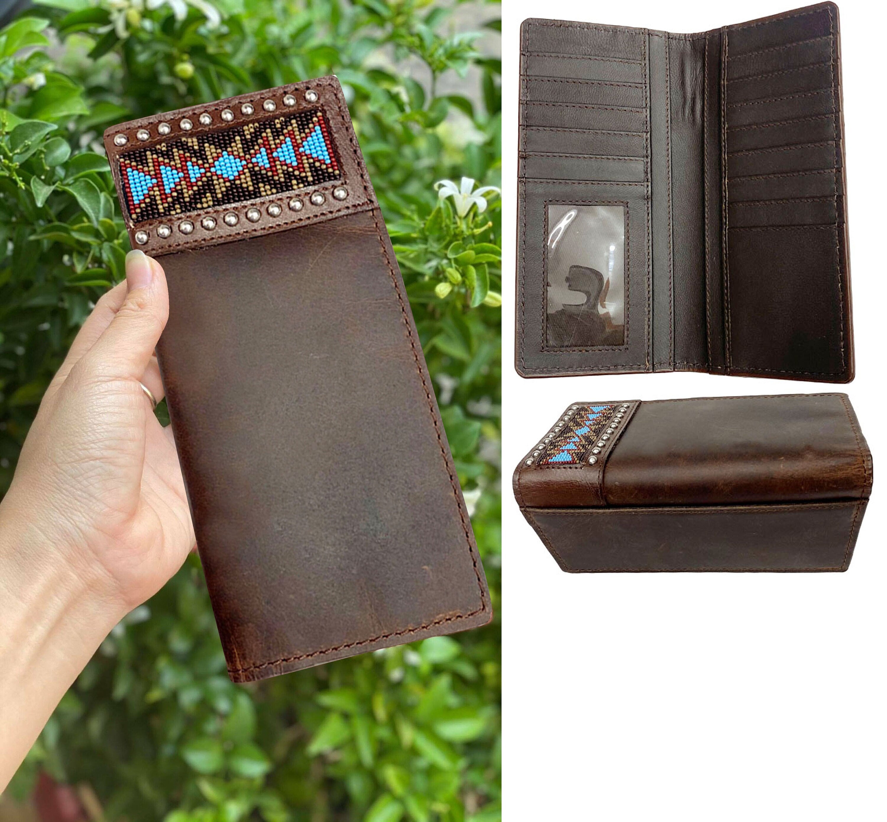 MOUSM Genuine Western Leather Wallet for Men Long Bifold Rodeo Cowboy Wallet with 8 Credit Card & 2 Cash Slots