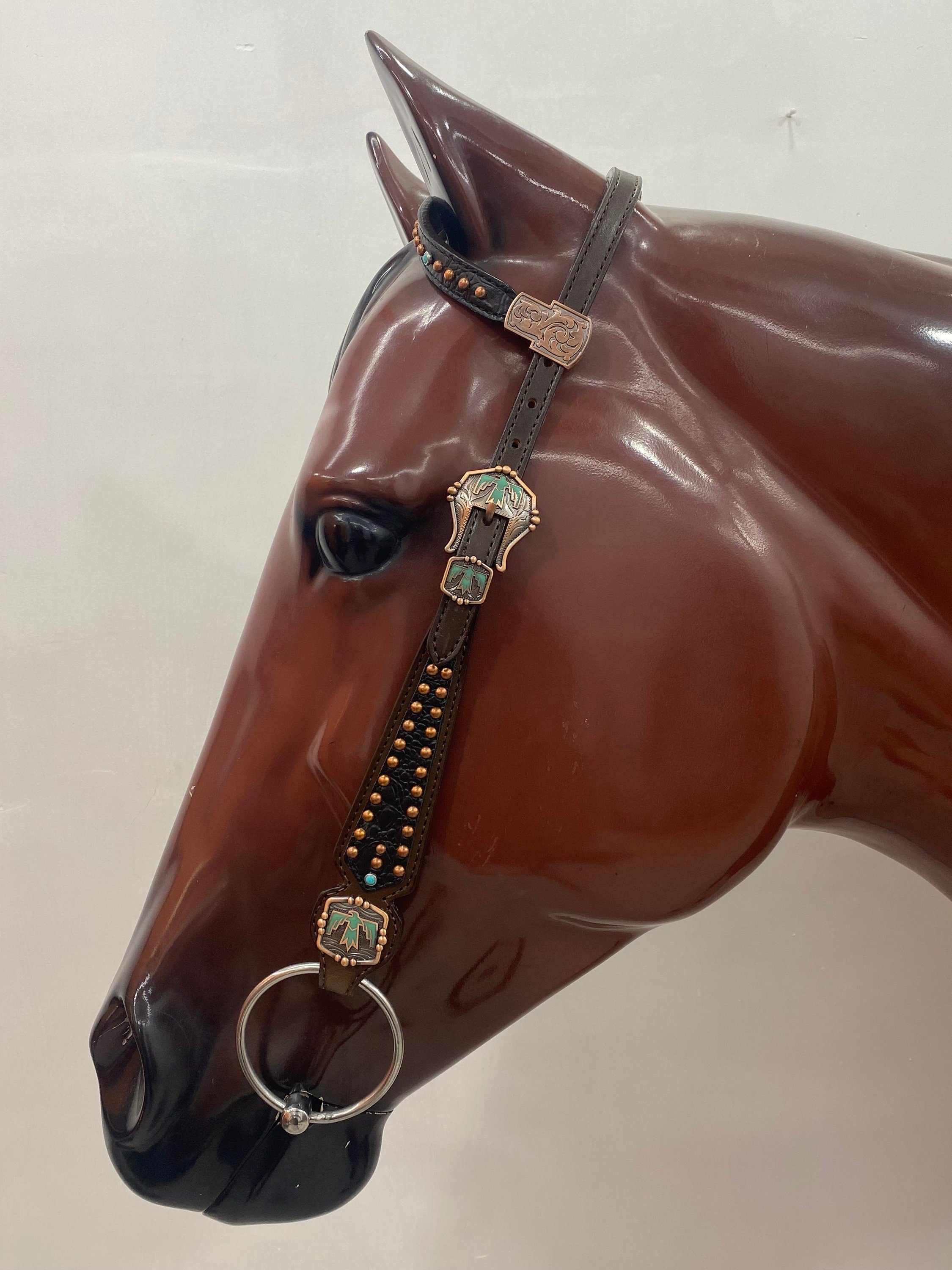 MOUSM Argentina Cow Leather Headstall & Breast Collar Set – Western Horse Tack with Turquoise Aztec Egyptian Bird Conchos & Black Croc Print