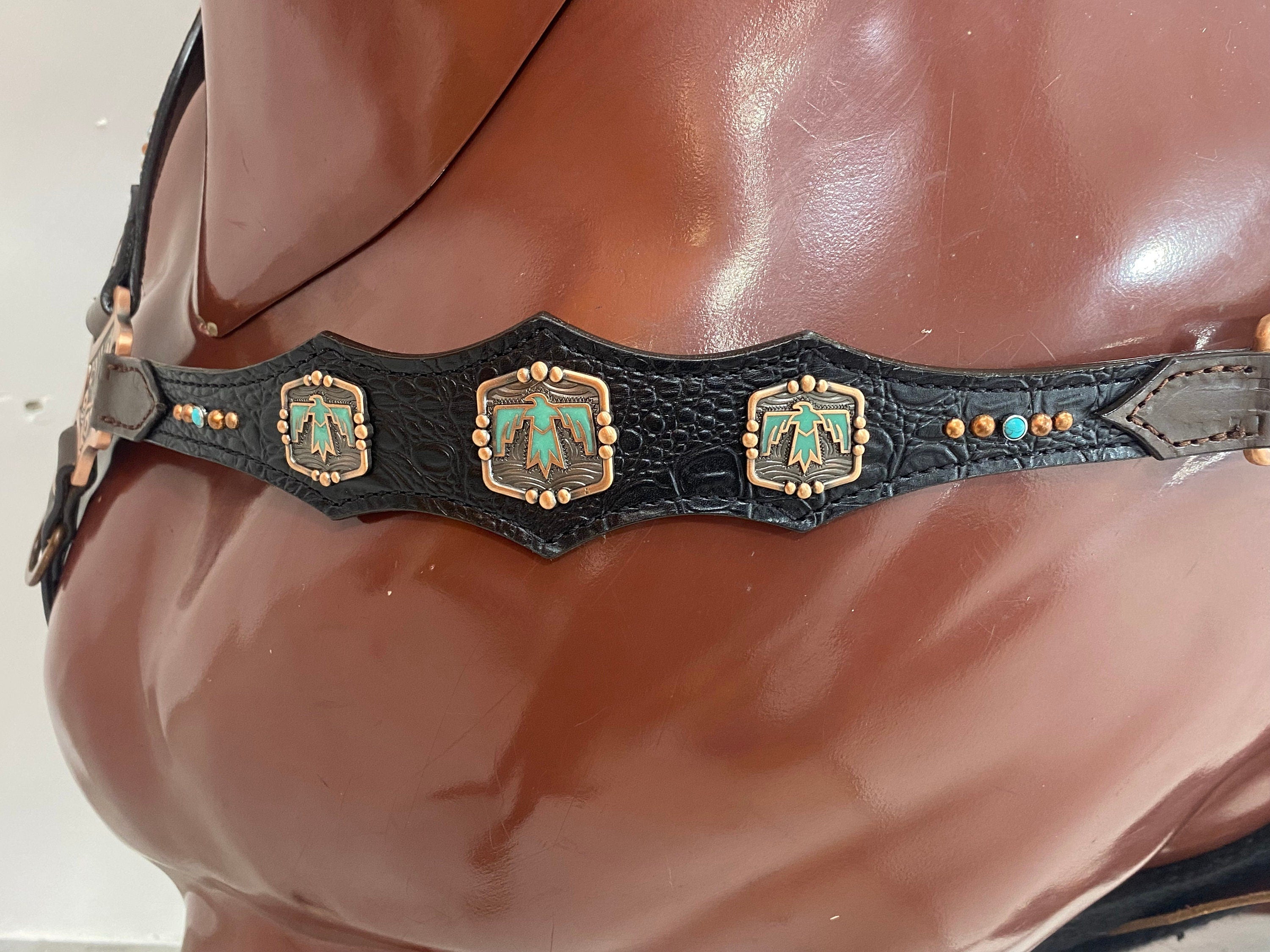MOUSM Argentina Cow Leather Headstall & Breast Collar Set – Western Horse Tack with Turquoise Aztec Egyptian Bird Conchos & Black Croc Print