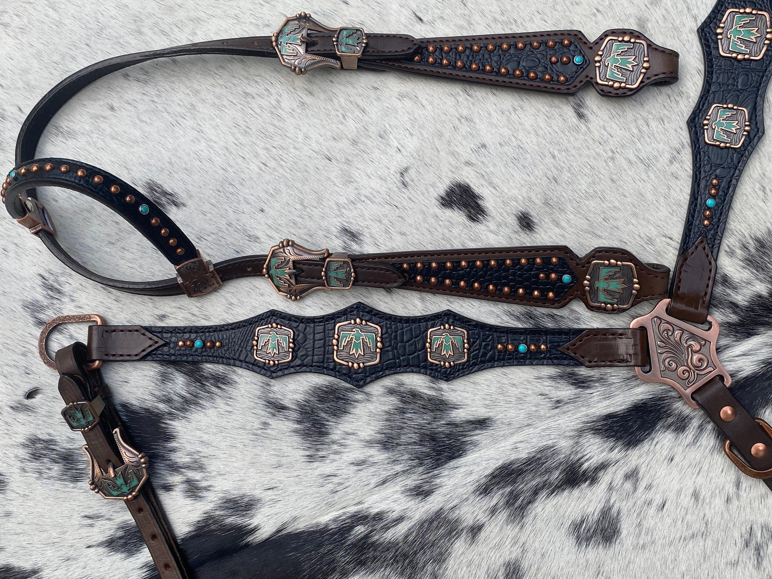 MOUSM Argentina Cow Leather Headstall & Breast Collar Set – Western Horse Tack with Turquoise Aztec Egyptian Bird Conchos & Black Croc Print