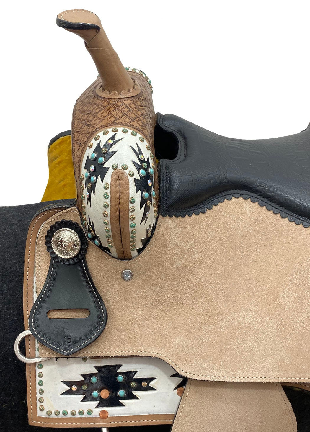 MOUSM Western Saddle - Barrel Racing Saddle Handcrafted with Premium Argentina Leather, Built on a Rawhide-Covered Fiberglass Tree, Featuring Aztec Pattern and Beaded Border | Seat Sizes: 14"–17" Inches