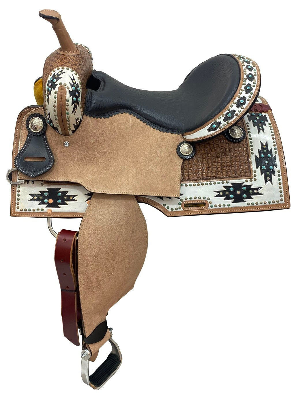 MOUSM Western Saddle - Barrel Racing Saddle Handcrafted with Premium Argentina Leather, Built on a Rawhide-Covered Fiberglass Tree, Featuring Aztec Pattern and Beaded Border | Seat Sizes: 14"–17" Inches