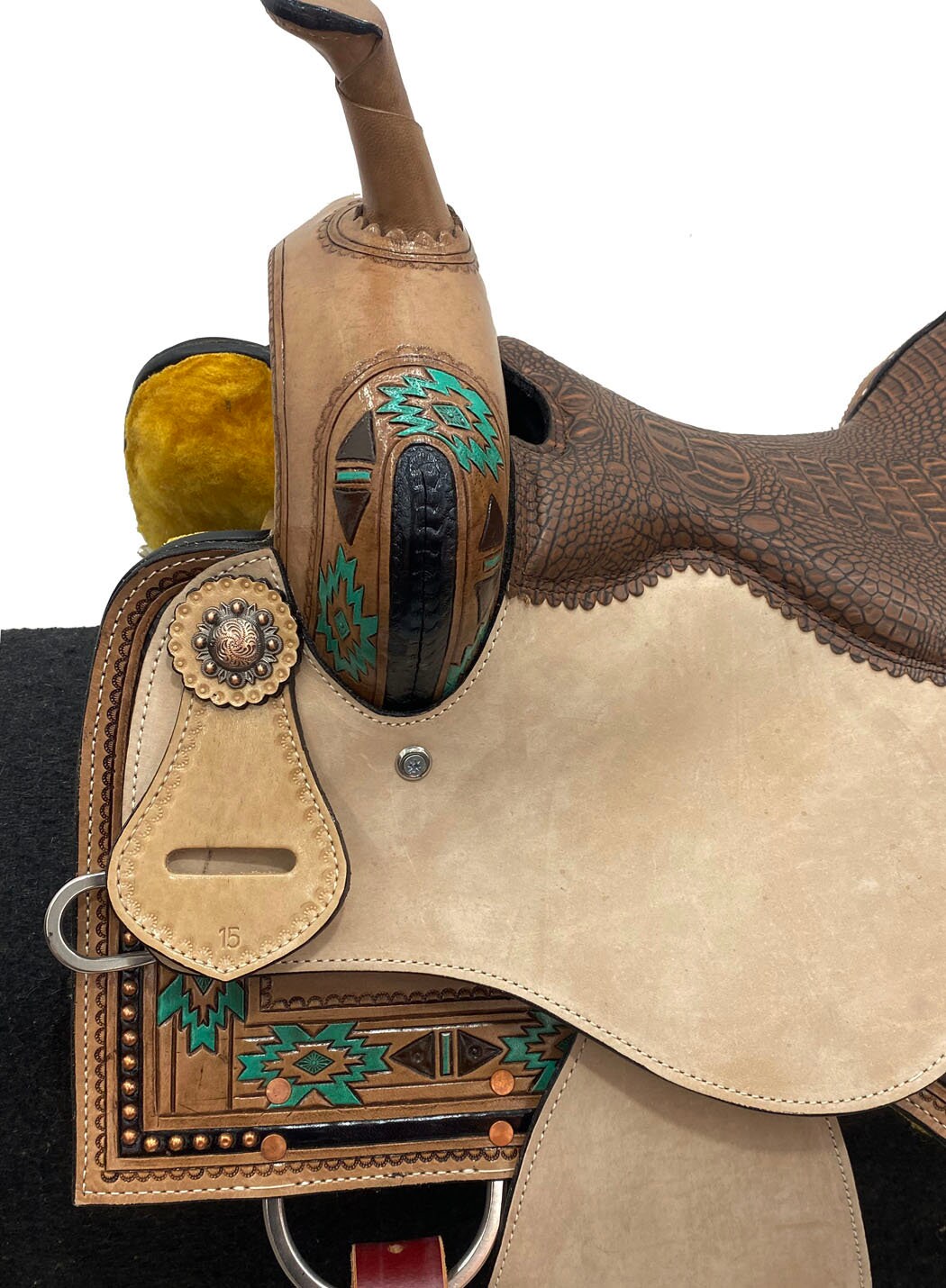MOUSM Western Saddle - Genuine Leather Barrel Saddle Built on a Rawhide Covered Fiber Tree, Hand-Tooled Aztec Design with Fancy Concho, Seat Size: 14"-17" Inches