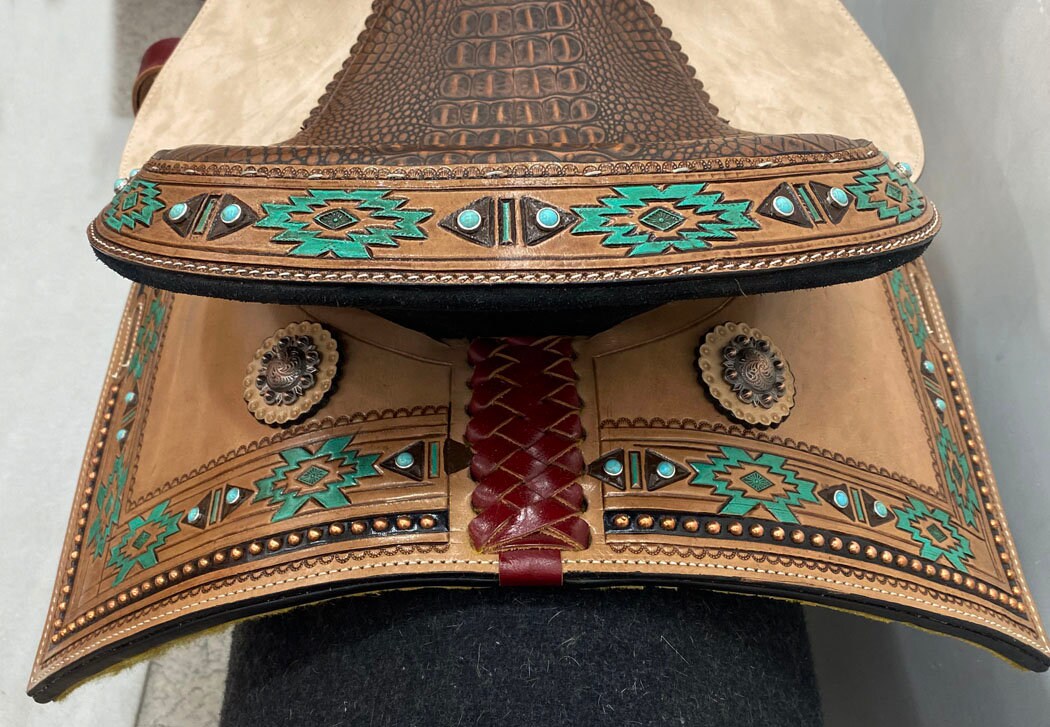 MOUSM Western Saddle - Genuine Leather Barrel Saddle Built on a Rawhide Covered Fiber Tree, Hand-Tooled Aztec Design with Fancy Concho, Seat Size: 14"-17" Inches