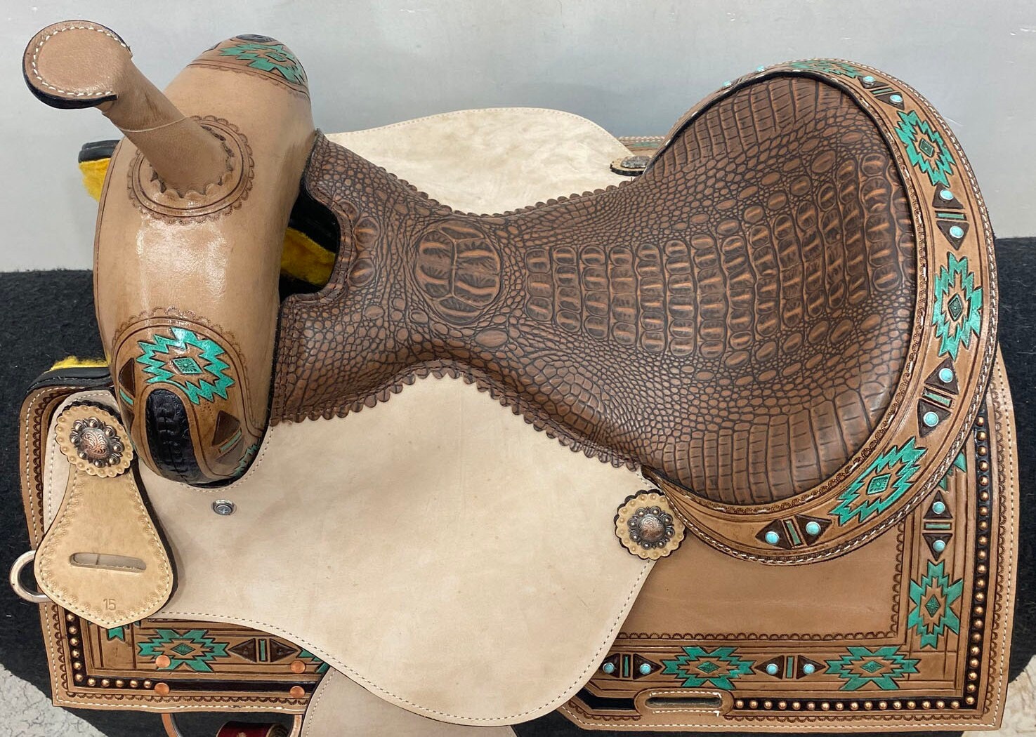 MOUSM Western Saddle - Genuine Leather Barrel Saddle Built on a Rawhide Covered Fiber Tree, Hand-Tooled Aztec Design with Fancy Concho, Seat Size: 14"-17" Inches