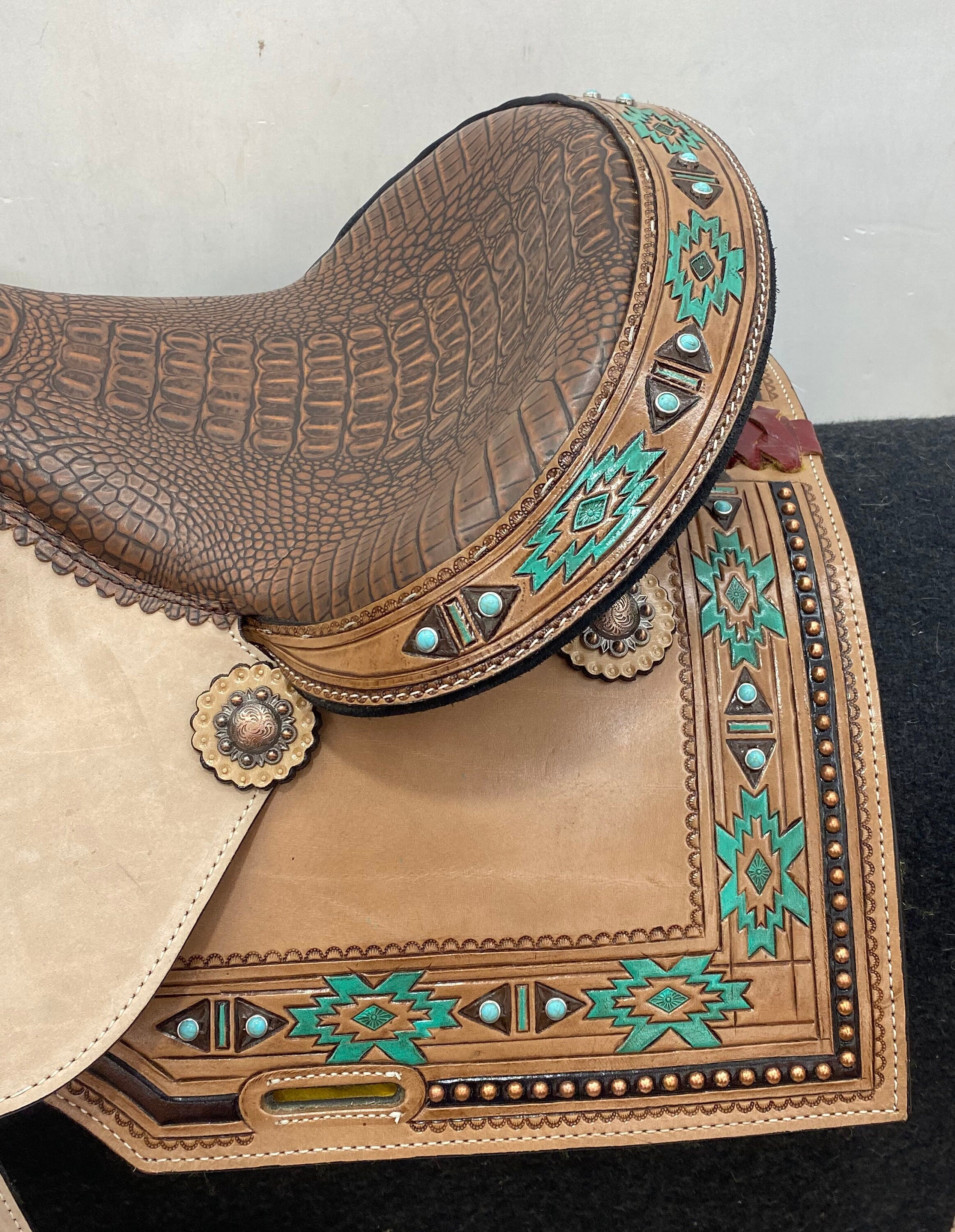 MOUSM Western Saddle - Genuine Leather Barrel Saddle Built on a Rawhide Covered Fiber Tree, Hand-Tooled Aztec Design with Fancy Concho, Seat Size: 14"-17" Inches
