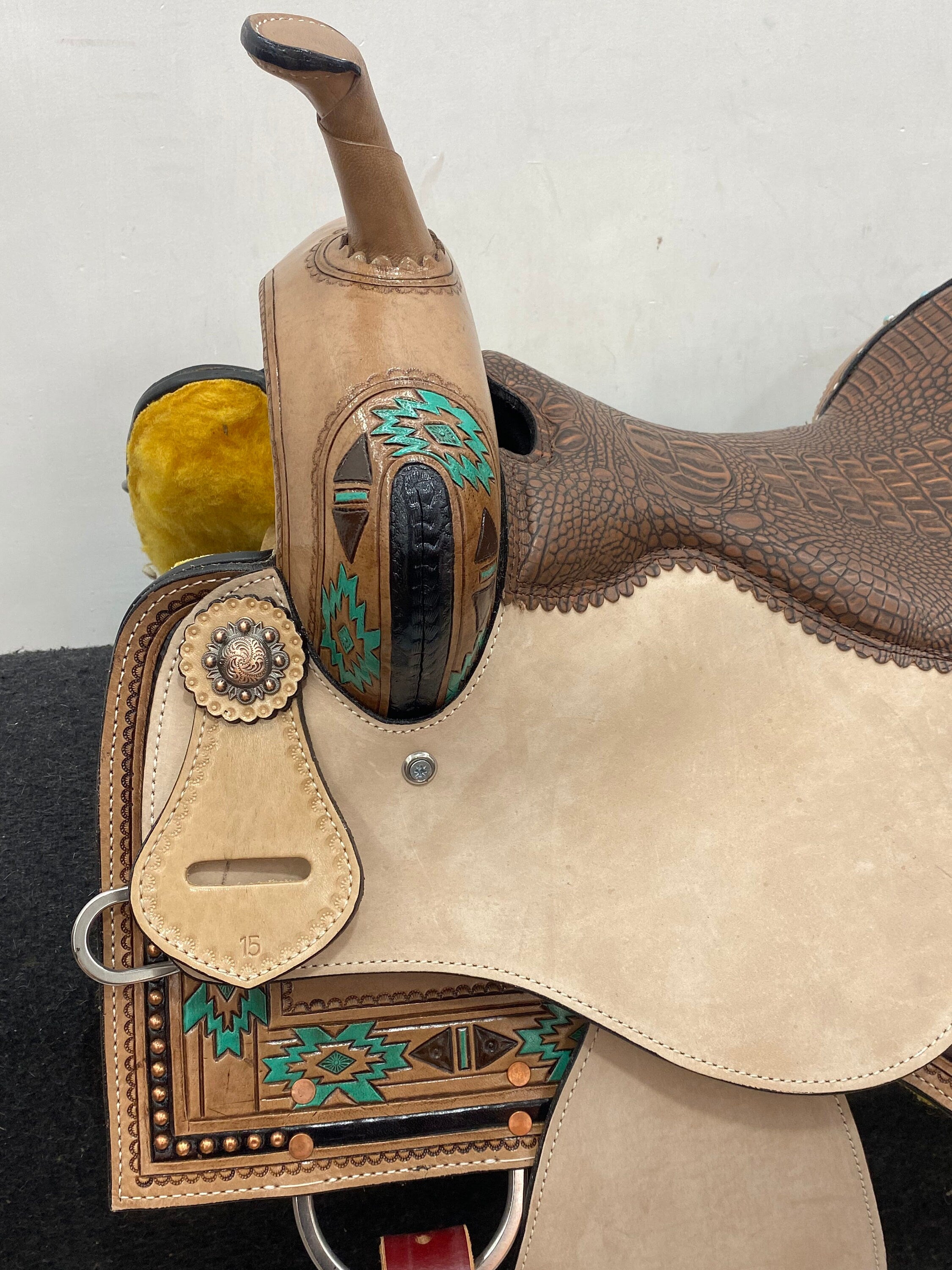 MOUSM Western Saddle - Genuine Leather Barrel Saddle Built on a Rawhide Covered Fiber Tree, Hand-Tooled Aztec Design with Fancy Concho, Seat Size: 14"-17" Inches