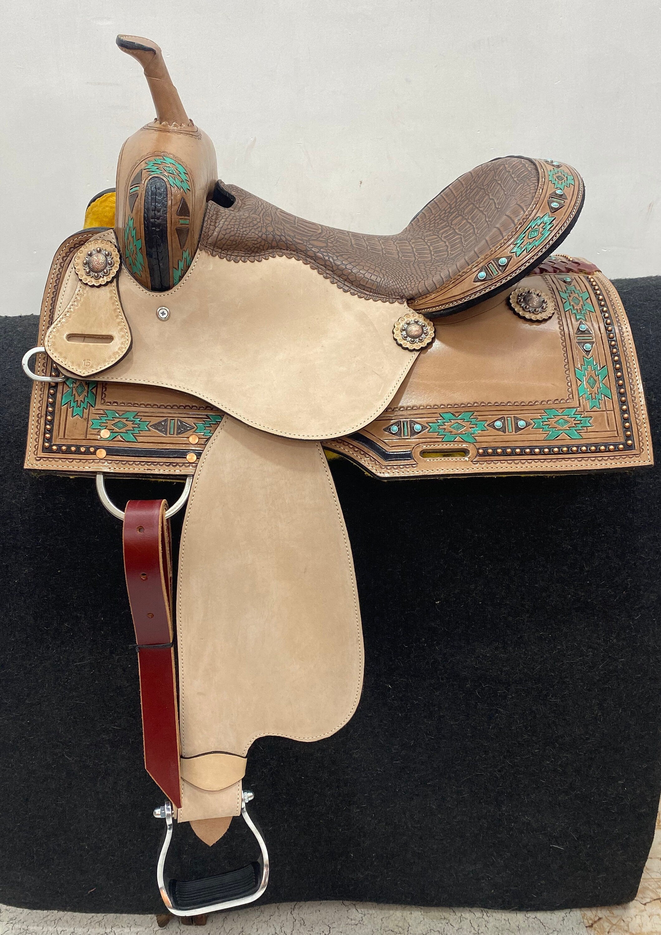 MOUSM Western Saddle - Genuine Leather Barrel Saddle Built on a Rawhide Covered Fiber Tree, Hand-Tooled Aztec Design with Fancy Concho, Seat Size: 14"-17" Inches