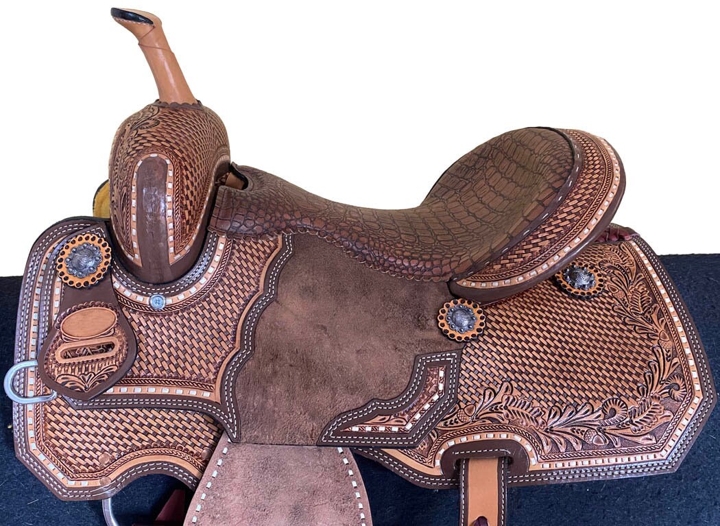 MOUSM Western Barrel Racing Saddle - Premium Argentina Leather Saddle Handcrafted with Basket Tooling and Carved Floral Design, Seat Size: 14"-17" Inches
