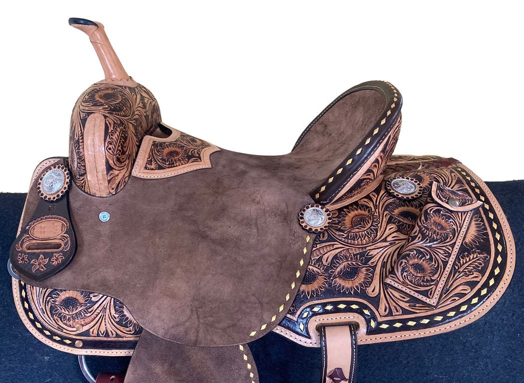 MOUSM Western Saddle – Made From Genuine Argentina Leather With Hand-Tooled Floral Design, Built On a Rawhide-Covered Fiber Tree, Seat Size: 14"–17"
