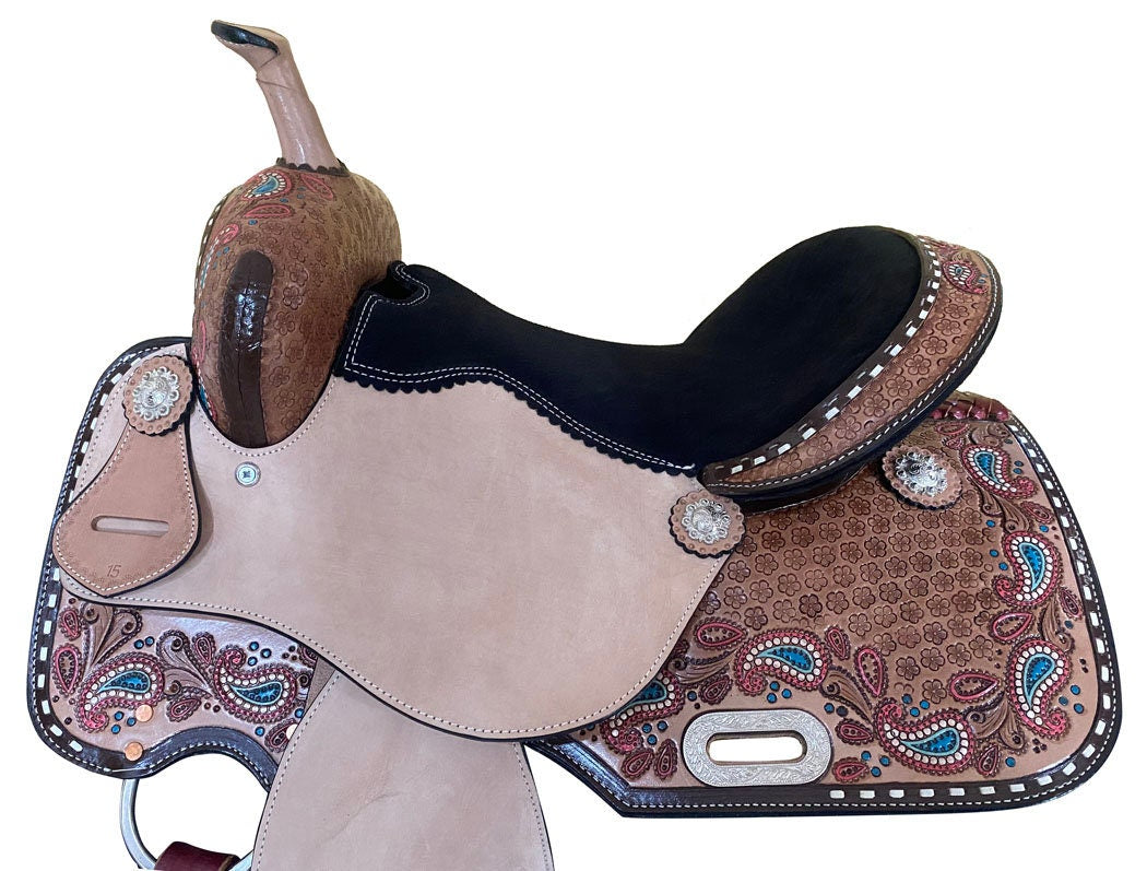 MOUSM Western Barrel Saddle - Genuine Leather Saddle Hand-Carved Paisley and Flower Design, Built On a Rawhide Covered Fiber Tree, Seat Sizes: 14"-17" Inches