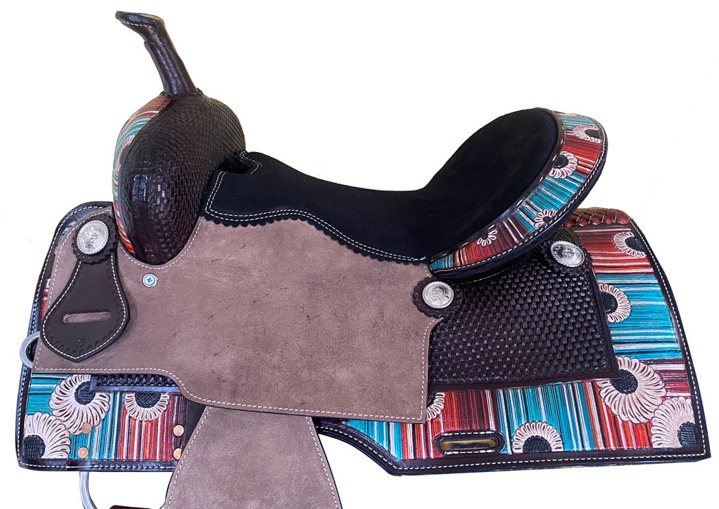MOUSM Western Barrel Saddle - Genuine Leather Horse Saddle Build on a Rawhide Covered Fiber Tree, Colorful Vintage Design Carved and Fancy Concho, Available Seat Sizes: 14"-17"Inches