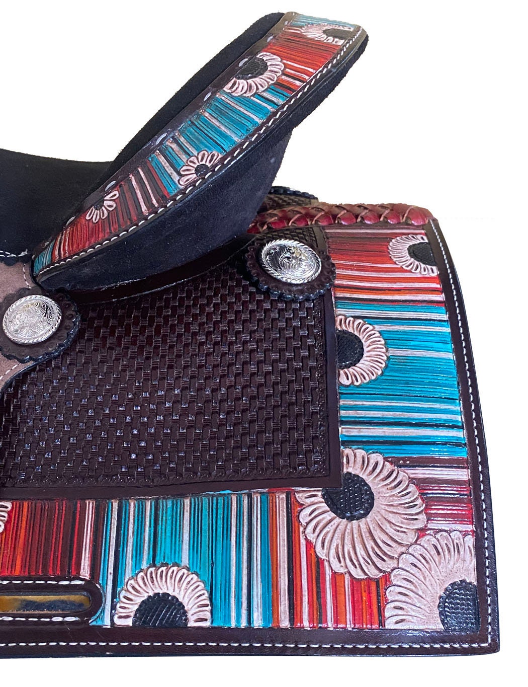 MOUSM Western Barrel Saddle - Genuine Leather Horse Saddle Build on a Rawhide Covered Fiber Tree, Colorful Vintage Design Carved and Fancy Concho, Available Seat Sizes: 14"-17"Inches