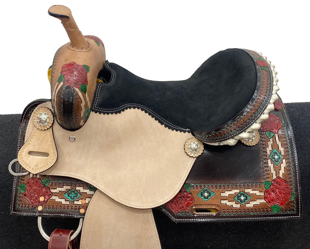 MOUSM Western Saddle - Genuine Leather Vintage Racing Horse Saddle Hand-Tooled Rose Design, Build on a Rawhide Covered Strong Fiber Tree, Available Seat Sizes: 14"-17"Inches