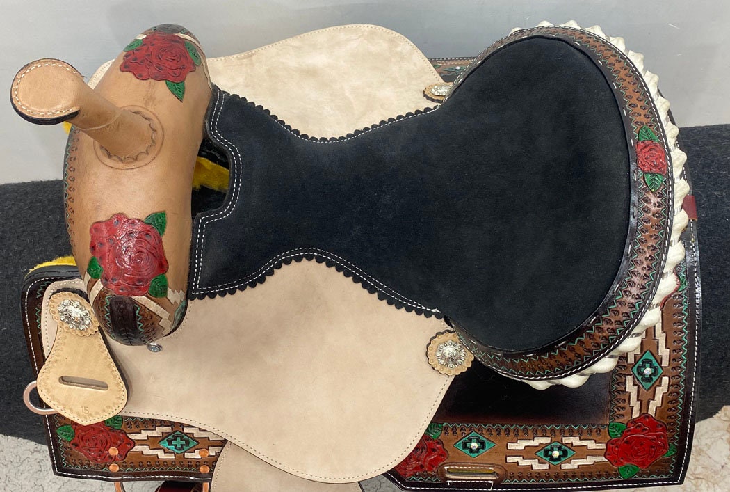 MOUSM Western Saddle - Genuine Leather Vintage Racing Horse Saddle Hand-Tooled Rose Design, Build on a Rawhide Covered Strong Fiber Tree, Available Seat Sizes: 14"-17"Inches