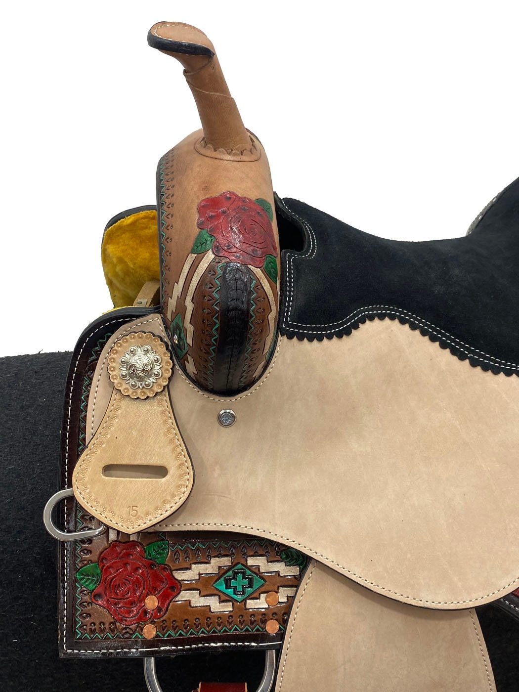 MOUSM Western Saddle - Genuine Leather Vintage Racing Horse Saddle Hand-Tooled Rose Design, Build on a Rawhide Covered Strong Fiber Tree, Available Seat Sizes: 14"-17"Inches