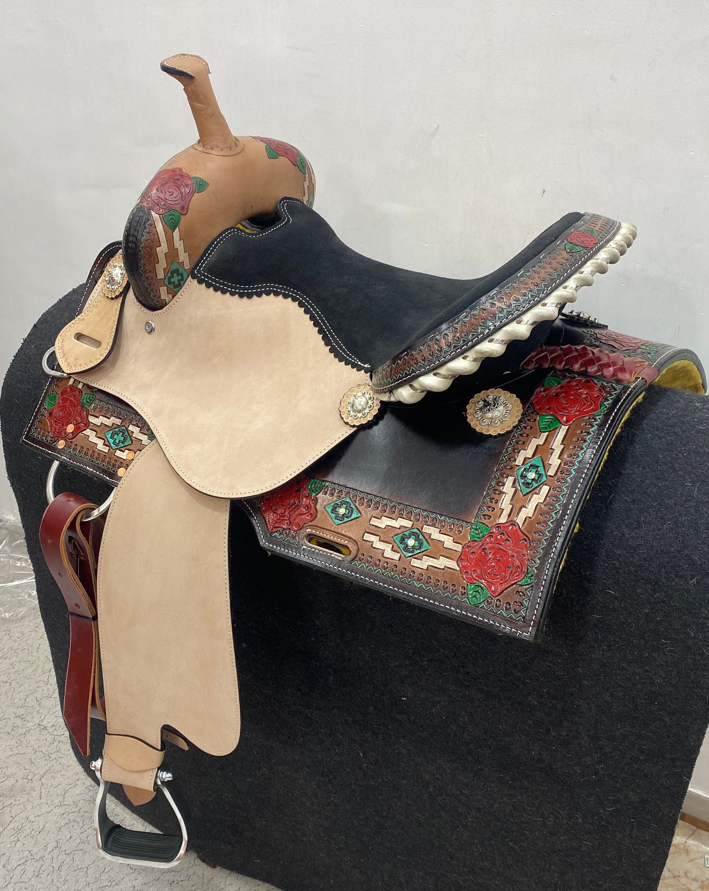 MOUSM Western Saddle - Genuine Leather Vintage Racing Horse Saddle Hand-Tooled Rose Design, Build on a Rawhide Covered Strong Fiber Tree, Available Seat Sizes: 14"-17"Inches