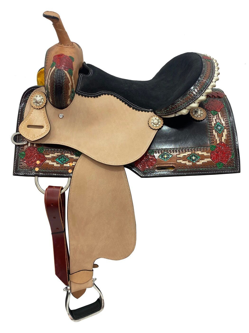 MOUSM Western Saddle - Genuine Leather Vintage Racing Horse Saddle Hand-Tooled Rose Design, Build on a Rawhide Covered Strong Fiber Tree, Available Seat Sizes: 14"-17"Inches