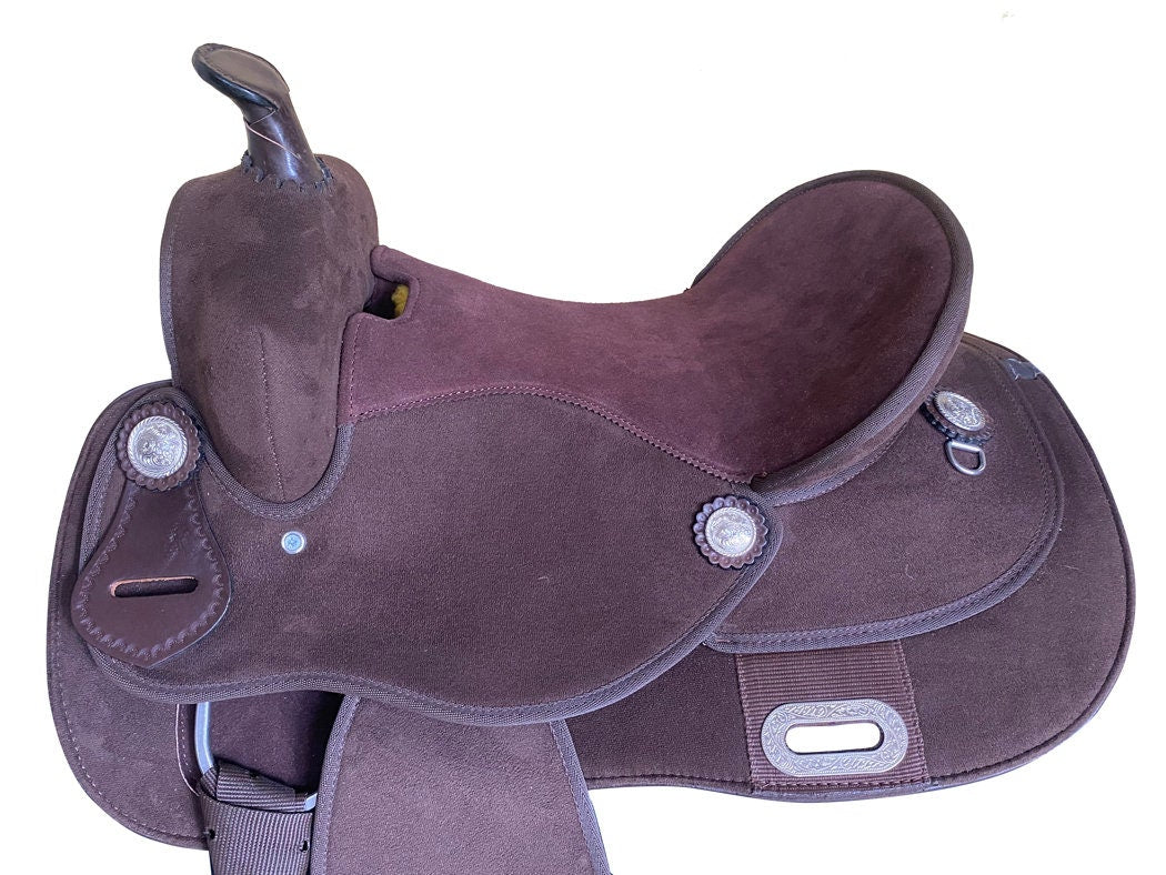 MOUSM Western Barrel Saddle - Made from Synthetic Suede Leather Build on a Strong Fiber Tree- Rawhide Covered & Fancy Concho, Seat Size: 14"–17" Inches