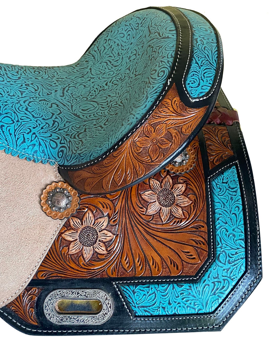 MOUSM Western Horse Saddle - Built on a Rawhide Covered Fiber Tree, Genuine Leather Barrel Saddle with Hand-Tooled Flower Design and Fancy Concho, Seat Size: 14"-17" Inches