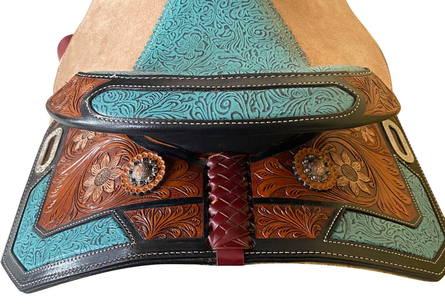MOUSM Western Horse Saddle - Built on a Rawhide Covered Fiber Tree, Genuine Leather Barrel Saddle with Hand-Tooled Flower Design and Fancy Concho, Seat Size: 14"-17" Inches