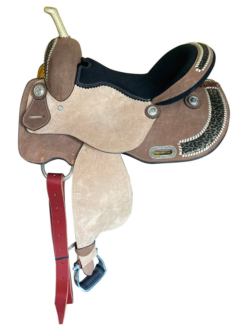 MOUSM Western Barrel Saddle - Made from Genuine Leather with Leopard Corner Patch, Built on a Rawhide Covered Fiber Tree, Available in 13” to 17” Options