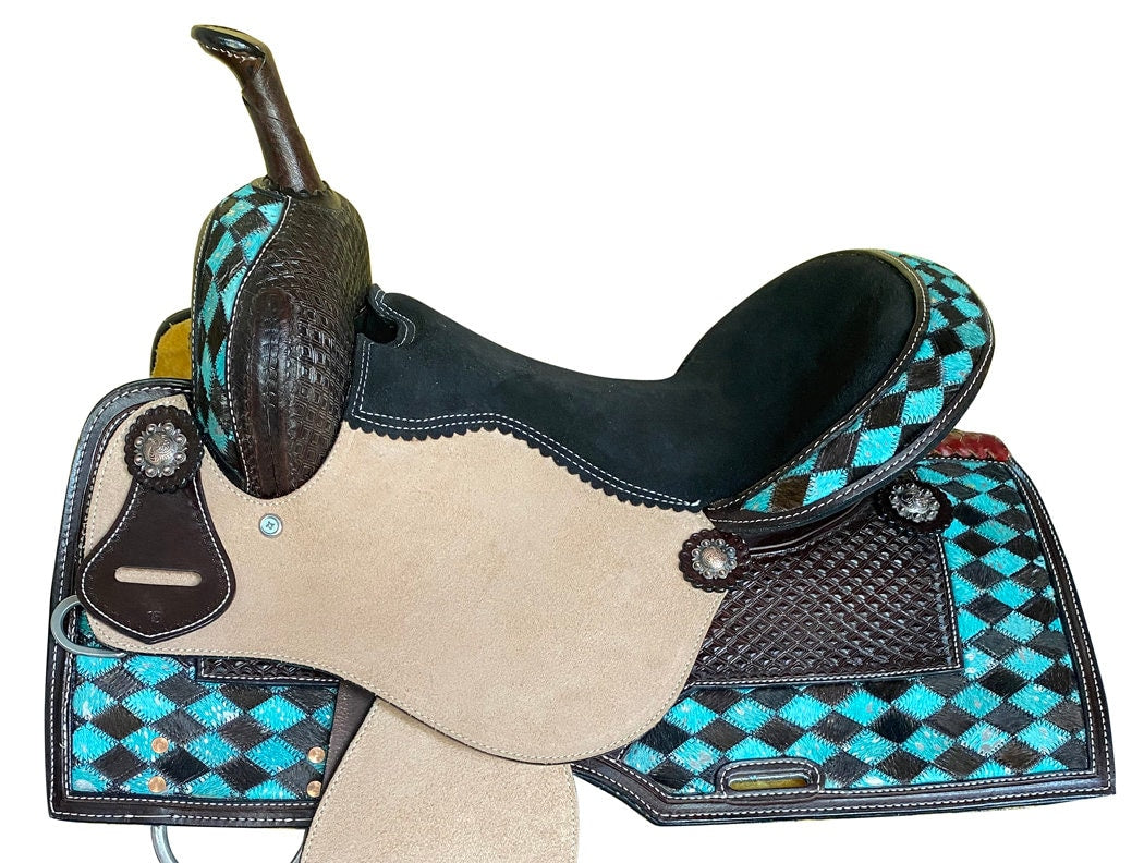MOUSM Horse Saddle - Built on a Rawhide Covered Fiber Tree, Western Saddle Made from Genuine Leather Black and Turquoise Checkered Design, Seat Sizes: 14"-17" Inches