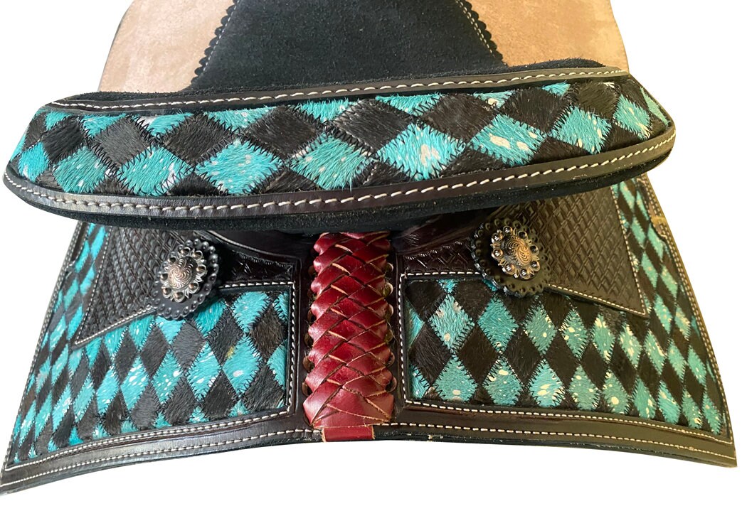 MOUSM Horse Saddle - Built on a Rawhide Covered Fiber Tree, Western Saddle Made from Genuine Leather Black and Turquoise Checkered Design, Seat Sizes: 14"-17" Inches