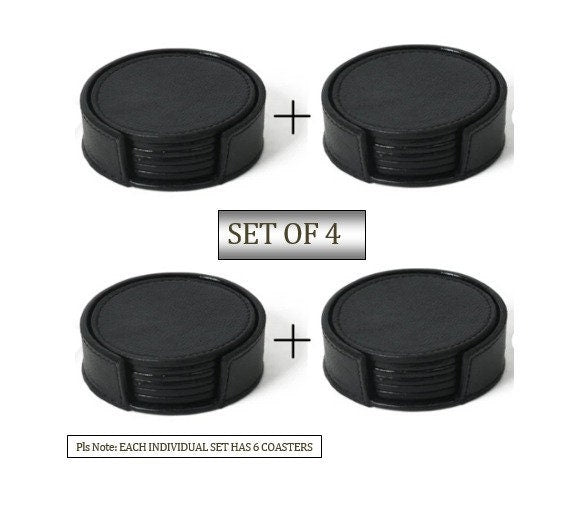 MOUSM Genuine Leather Coaster Set with Holder, Black Coaster, Barware Gift, Gift for Him, Party Drink Mats Housewarming Gifts, Drinking Mats