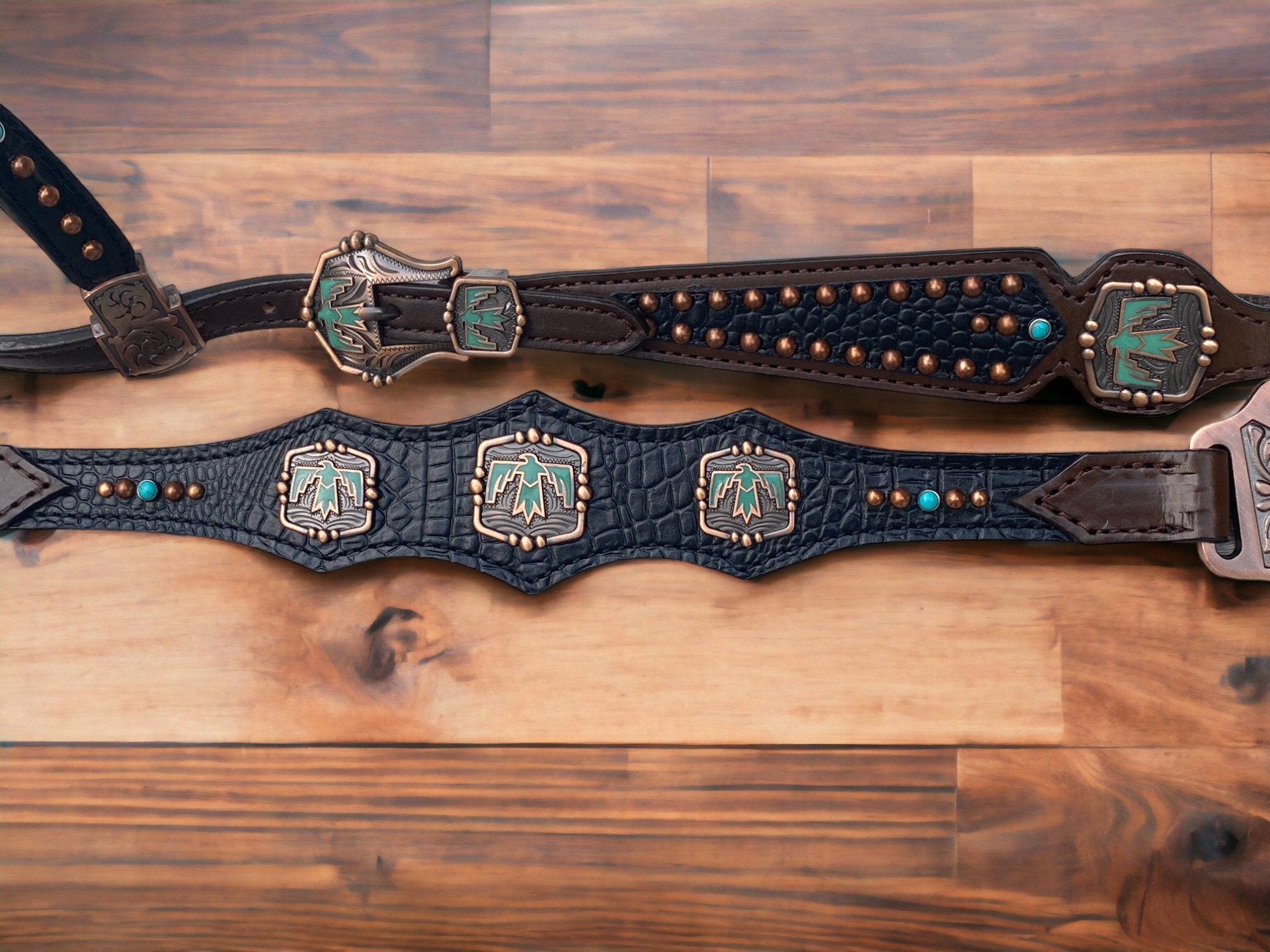 MOUSM Argentina Cow Leather Headstall & Breast Collar Set – Western Horse Tack with Turquoise Aztec Egyptian Bird Conchos & Black Croc Print
