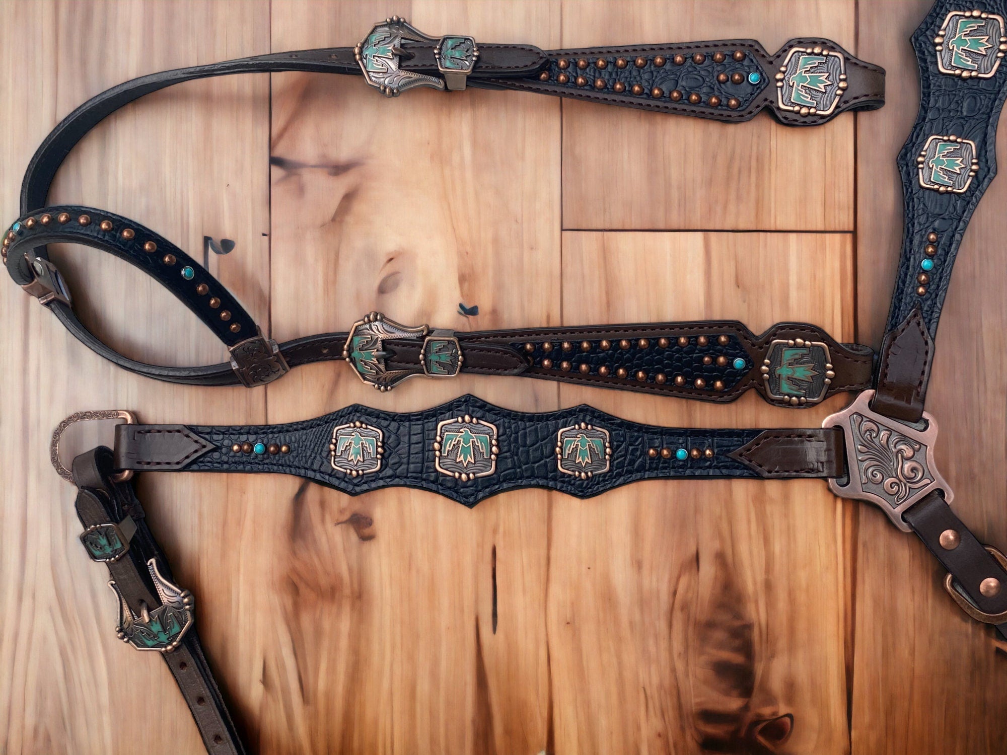 MOUSM Argentina Cow Leather Headstall & Breast Collar Set – Western Horse Tack with Turquoise Aztec Egyptian Bird Conchos & Black Croc Print