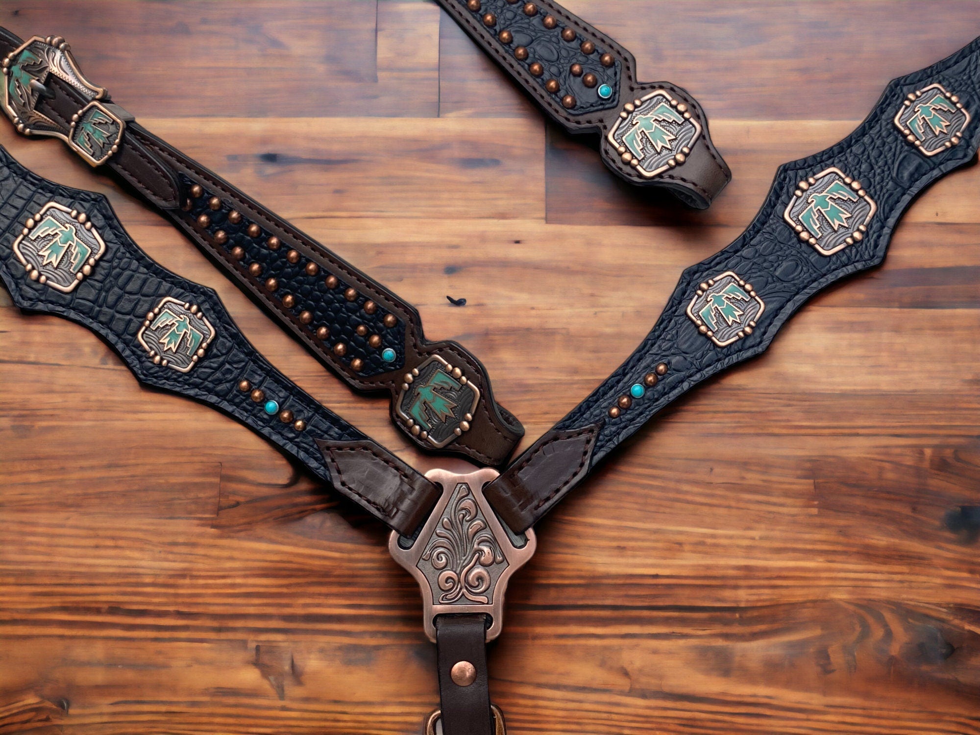 MOUSM Argentina Cow Leather Headstall & Breast Collar Set – Western Horse Tack with Turquoise Aztec Egyptian Bird Conchos & Black Croc Print