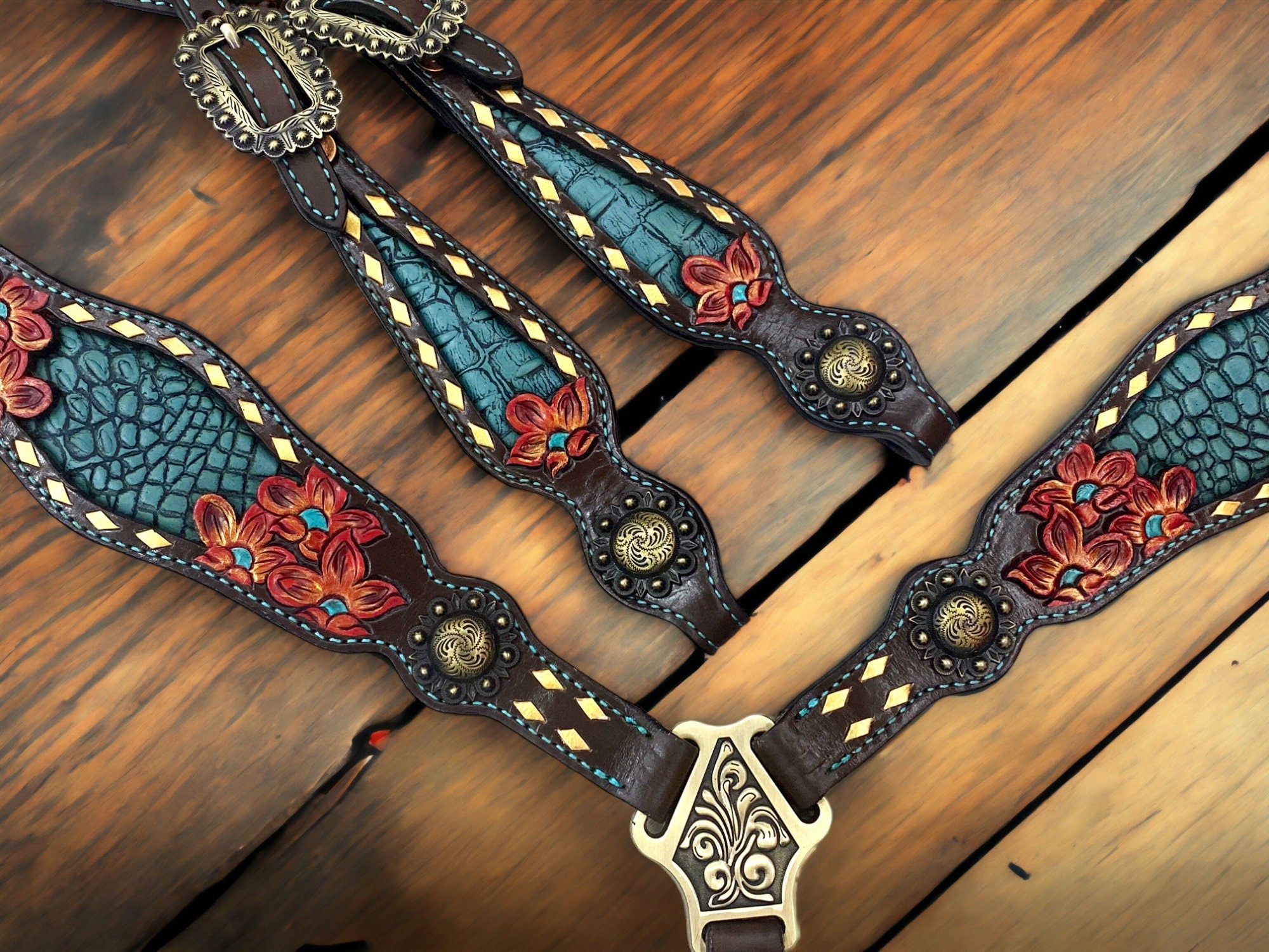 MOUSM Western Horse Tack Set - Made with Argentina Cow leather, Headstall & Breast Collar Set Decorated with Hand-Carved & Painted Floral Design, Buckles with Turquoise Stones, and Turquoise Leather Inlay