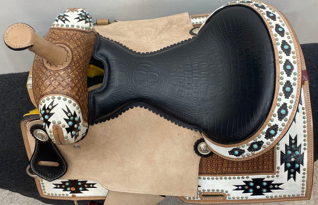 MOUSM Western Saddle - Barrel Racing Saddle Handcrafted with Premium Argentina Leather, Built on a Rawhide-Covered Fiberglass Tree, Featuring Aztec Pattern and Beaded Border | Seat Sizes: 14"–17" Inches